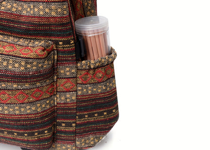 2025 vintage style backpack with adjustable straps, multiple compartments in brown, red, blue, and gray, large capacity travel and vacation backpack, travel backpack