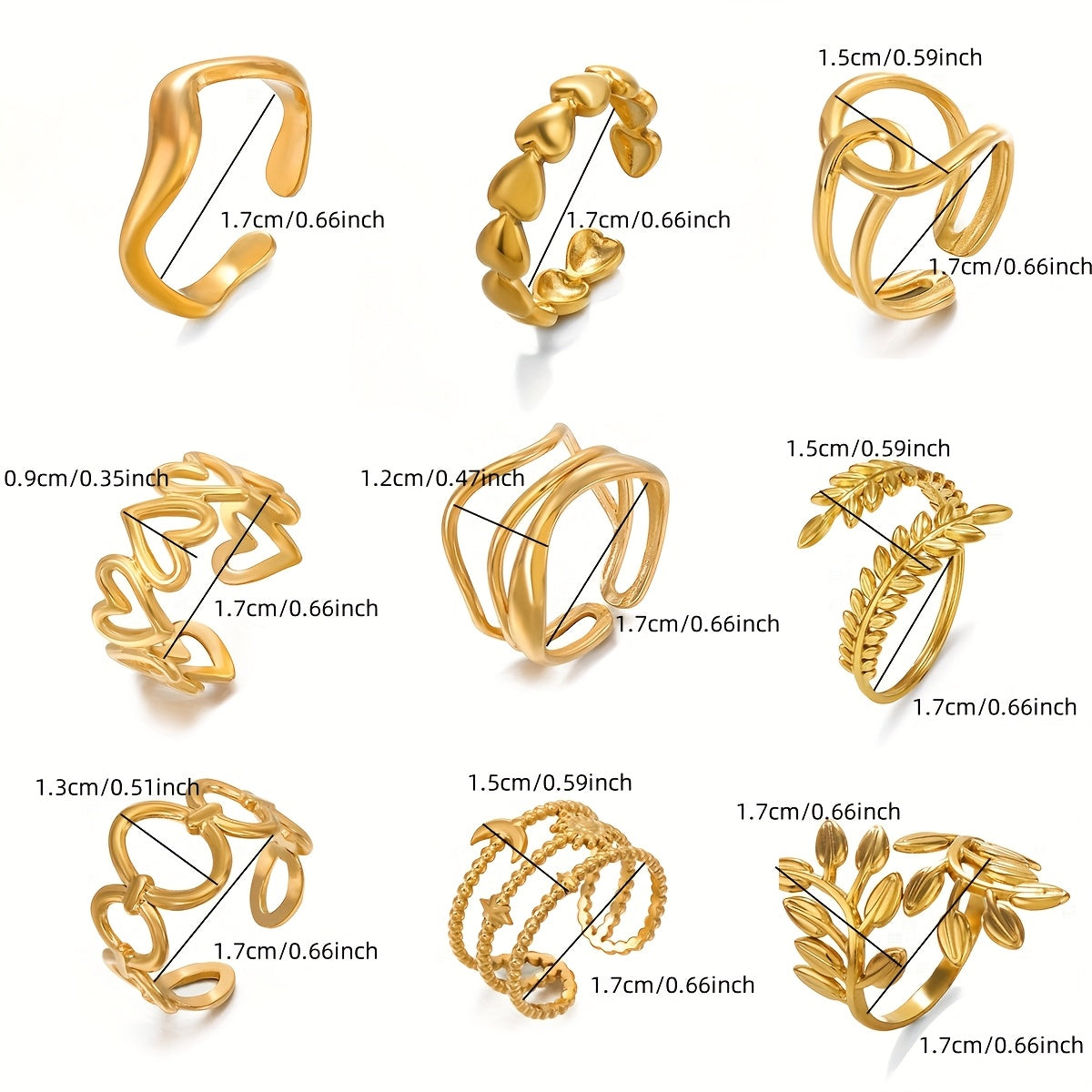 Conjunto de 5 e 6 anéis ajustáveis ​​em aço inoxidável dourado com formato de coração, estrela e lua para mulher. Anéis de metal estilo hip-hop, perfeitos como acessórios para oferecer. Joias estilo K-pop.