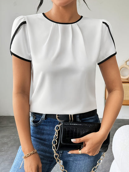Contrast Trim Pleated Elegant Blouse, Crew Neck Short Sleeve Back Keyhole Blouse For Spring & Summer, Women's Clothing