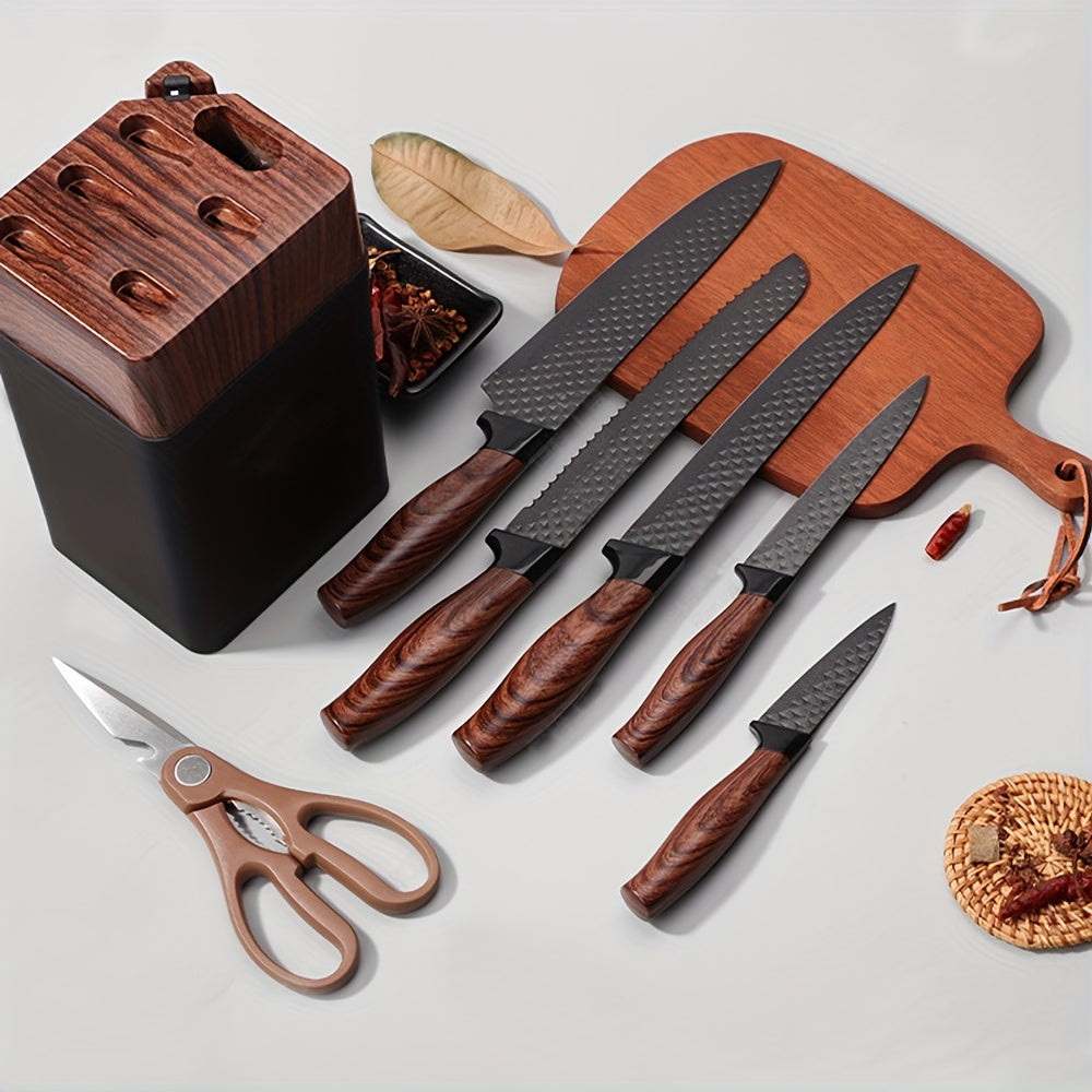 Conjunto de 7 facas de chef com bloco de facas em PE - Lâminas robustas em aço inoxidável 304, extra afiadas, pega ergonómica antiderrapante, facas de cozinha profissionais (chef, descascar, fatiar, pão, multiusos, tipo tesoura) - Kit de corte completo