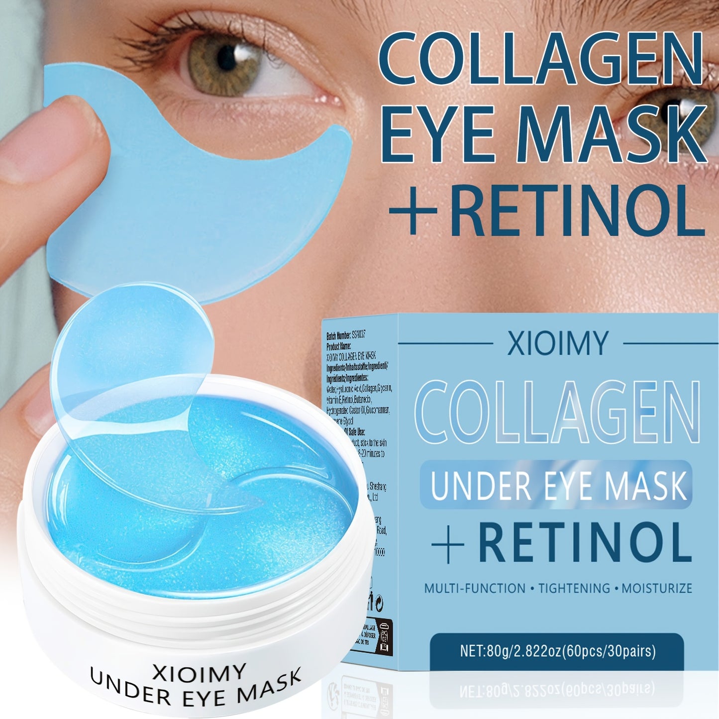 60pcs Xioimy Collagen & Retinol Under Eye Masks - Hypoallergenic Multi-Functional Gel Eye Patches for Tightening, Moisturizing & Firming - European Specialized Skincare for All Light Beige Types, Men & Women, Eye Patches Skin