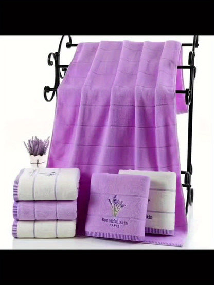 3pcs Lavender Pattern Towels Set, Including Bath Towel 70.0*140.0cm, 2 Face Towels 34.01*73.99cm, Bathroom Comfortable Soft Fabric Towels, Bathroom Supplies