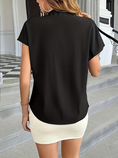 Solid V-neck Simple Blouse, Versatile Short Sleeve Blouse For Spring & Summer, Women's Clothing