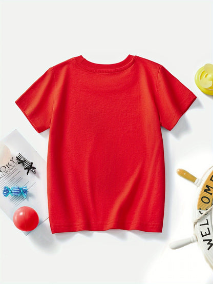 T-shirt de manga curta para criança em algodão com estampa de escavadora de desenho animado, respirável e moderna para o verão.