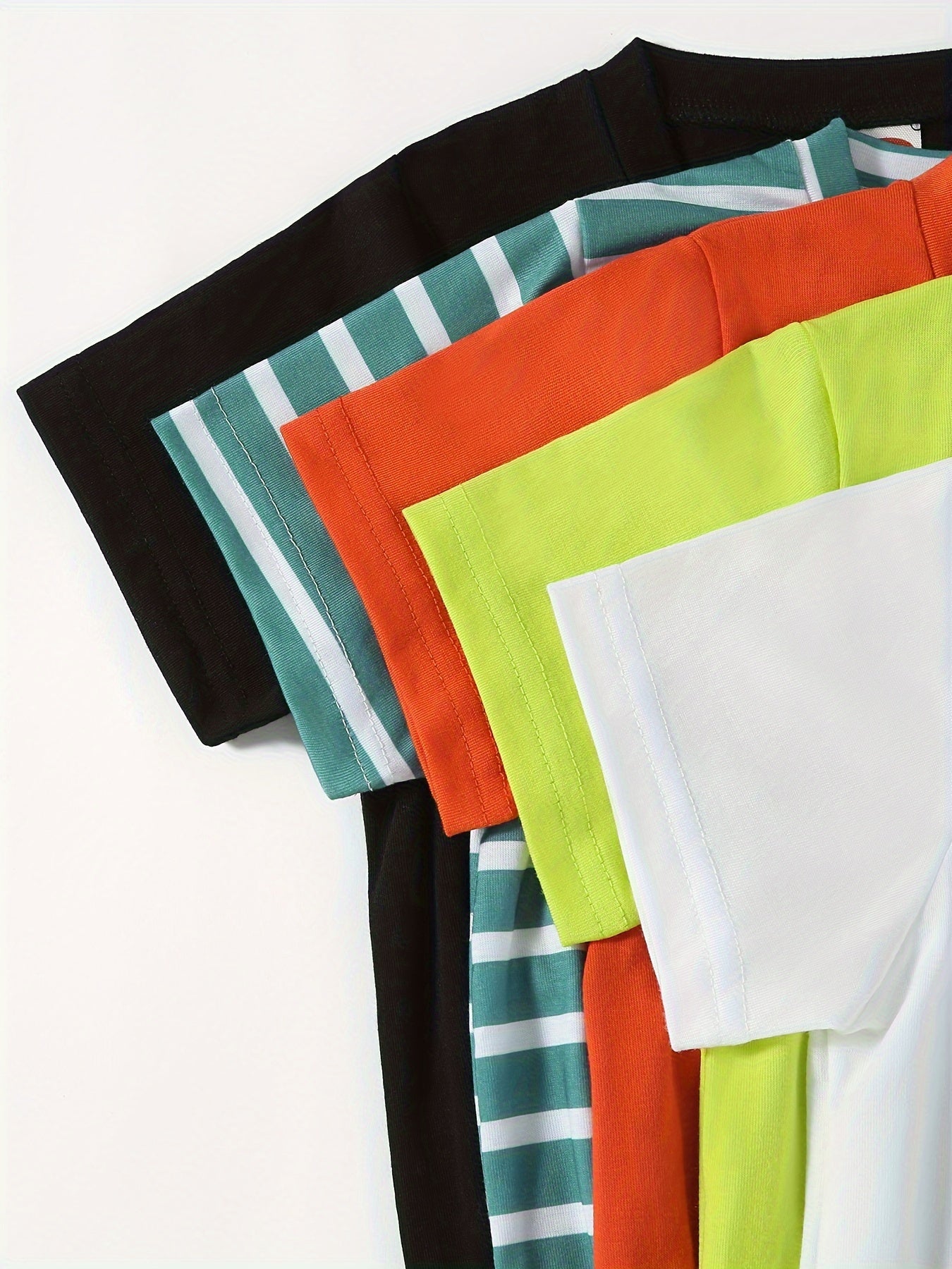 5pcs Solid Color & Striped Round Neck T-shirt Tees Tops Casual Soft Comfortable, Boys And Girls Summer Clothes