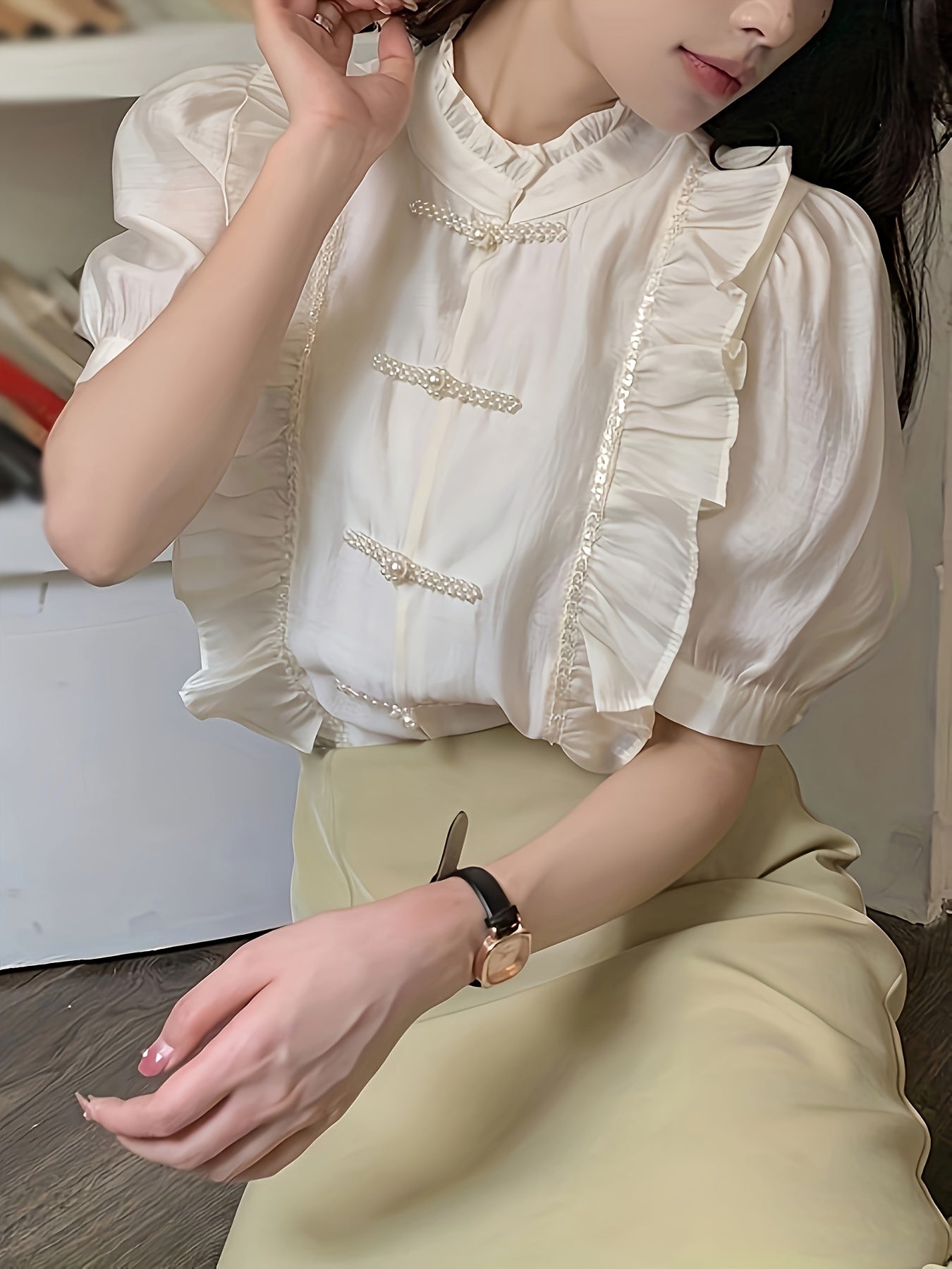 Beaded Button Front Ruffle Trim Blouse, Chic & Elegant Frill Neck Puff Sleeve Blouse For Spring & Summer, Women's Clothing