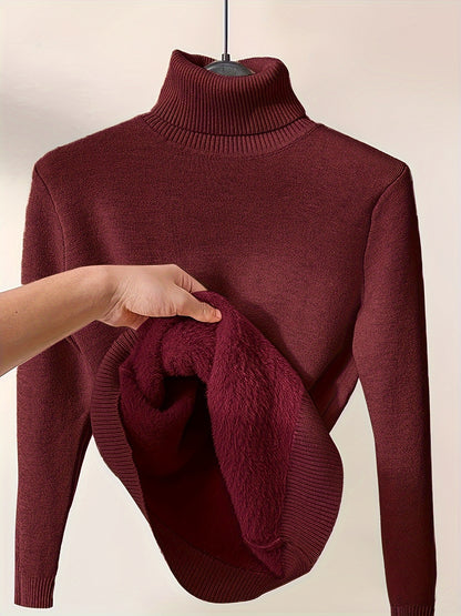 Solid Turtle Neck Pullover Sweater, Casual Long Sleeve Thermal Sweater For Fall & Winter, Women's Clothing