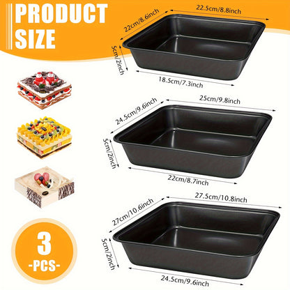 Conjunto de 3 assadeiras quadradas fundas, formas para bolos, assadeiras antiaderentes para bolachas, grelhas, acessórios para forno, utensílios de cozinha, acessórios para pastelaria