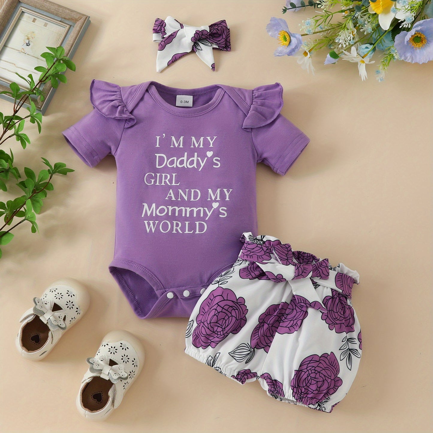 3pcs Short Sleeve & Shorts Set for Newborns - "I'm Daddy's Girl" Letter Print Pants and Headband, Mommy's World Alphabet Kids' Outfit, Perfect for Outdoor