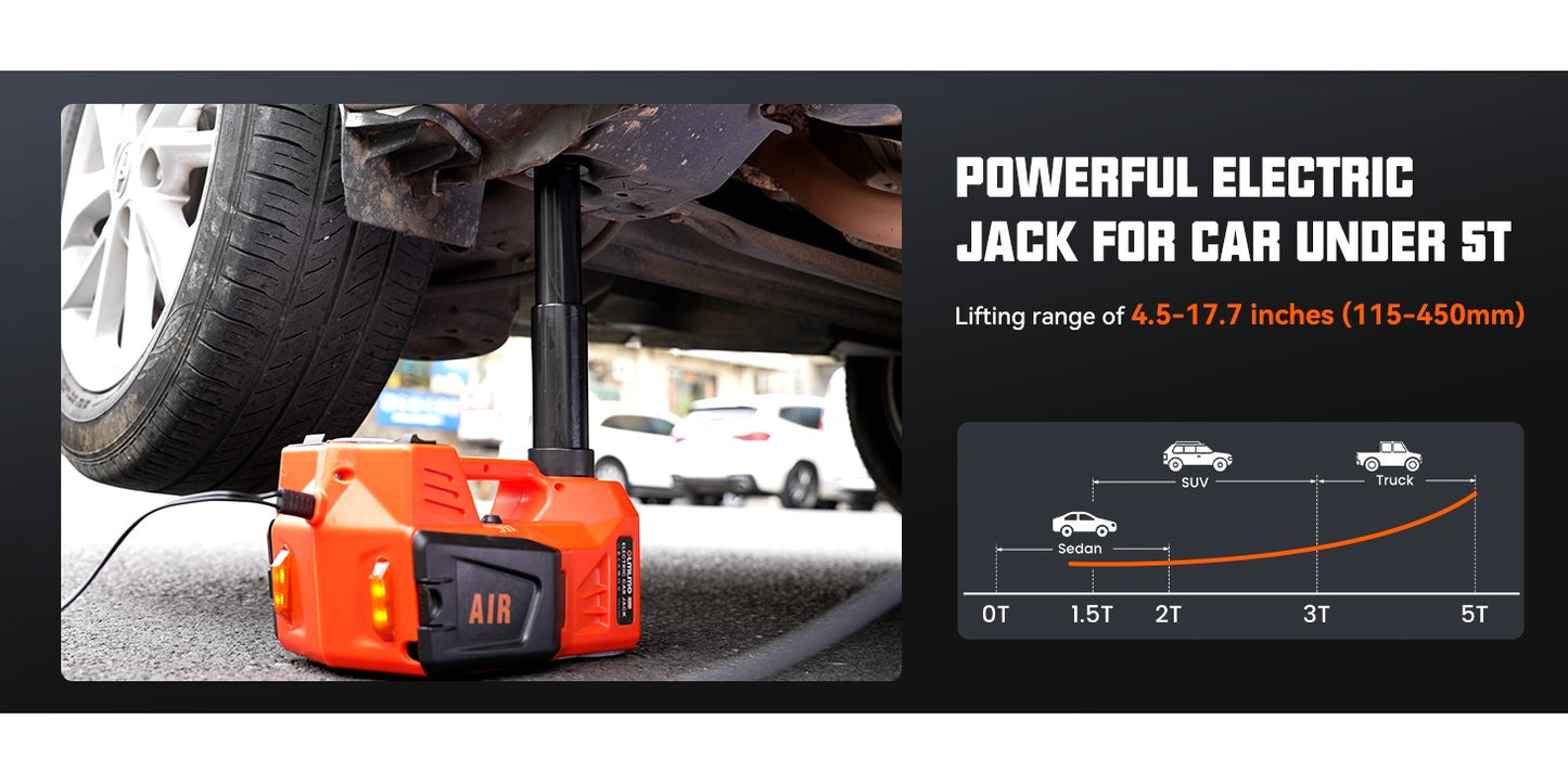 12V 5T Heavy-Duty Hydraulic Jack (15.5-45cm Lift) with Air Compressor & LED Light | Cordless Auto Lifting System for Car, SUV, Truck Tyre Change, Garage Repair
