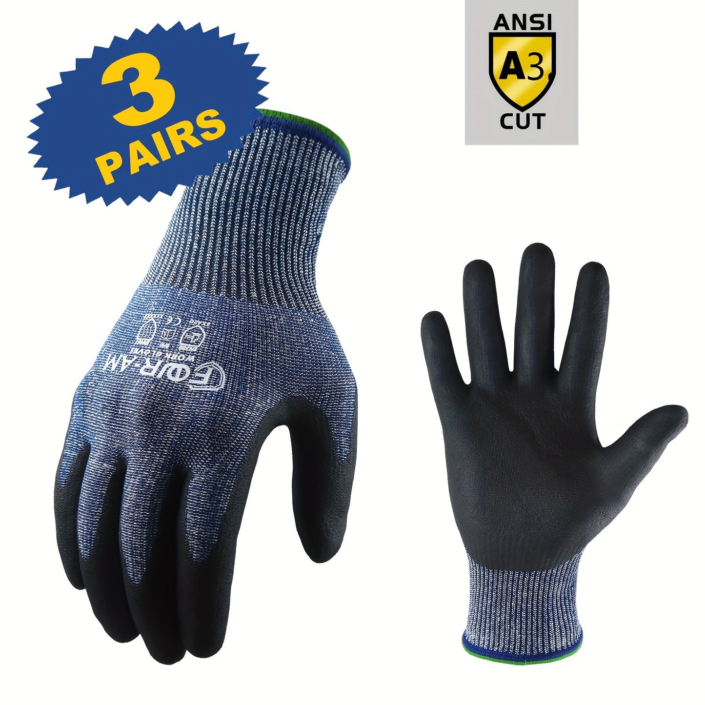 3 Pairs of Level 3 Cut-Resistant Work Gloves with Firm Non-Slip Grip, Durable & Breathable Nitrile Foam Coating, and Touchscreen Compatible 3D-Comfort Fit