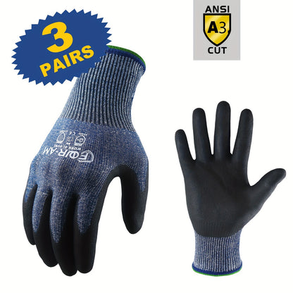 3 Pairs of Level 3 Cut-Resistant Work Gloves with Firm Non-Slip Grip, Durable & Breathable Nitrile Foam Coating, and Touchscreen Compatible 3D-Comfort Fit
