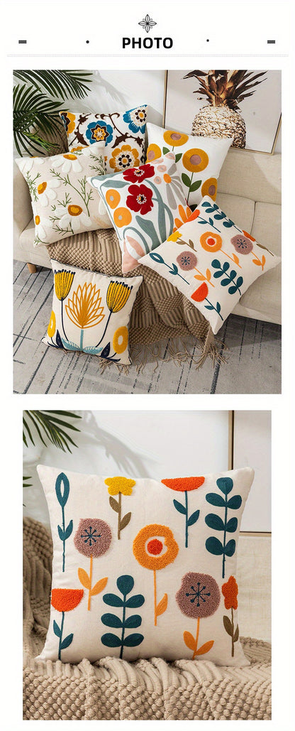 1pc Boho Floral Embroidered Pillow Case - Soft and Stylish Living Room Decor for Couch, Bed, and Sofa - 17.7 x 17.7 Inches