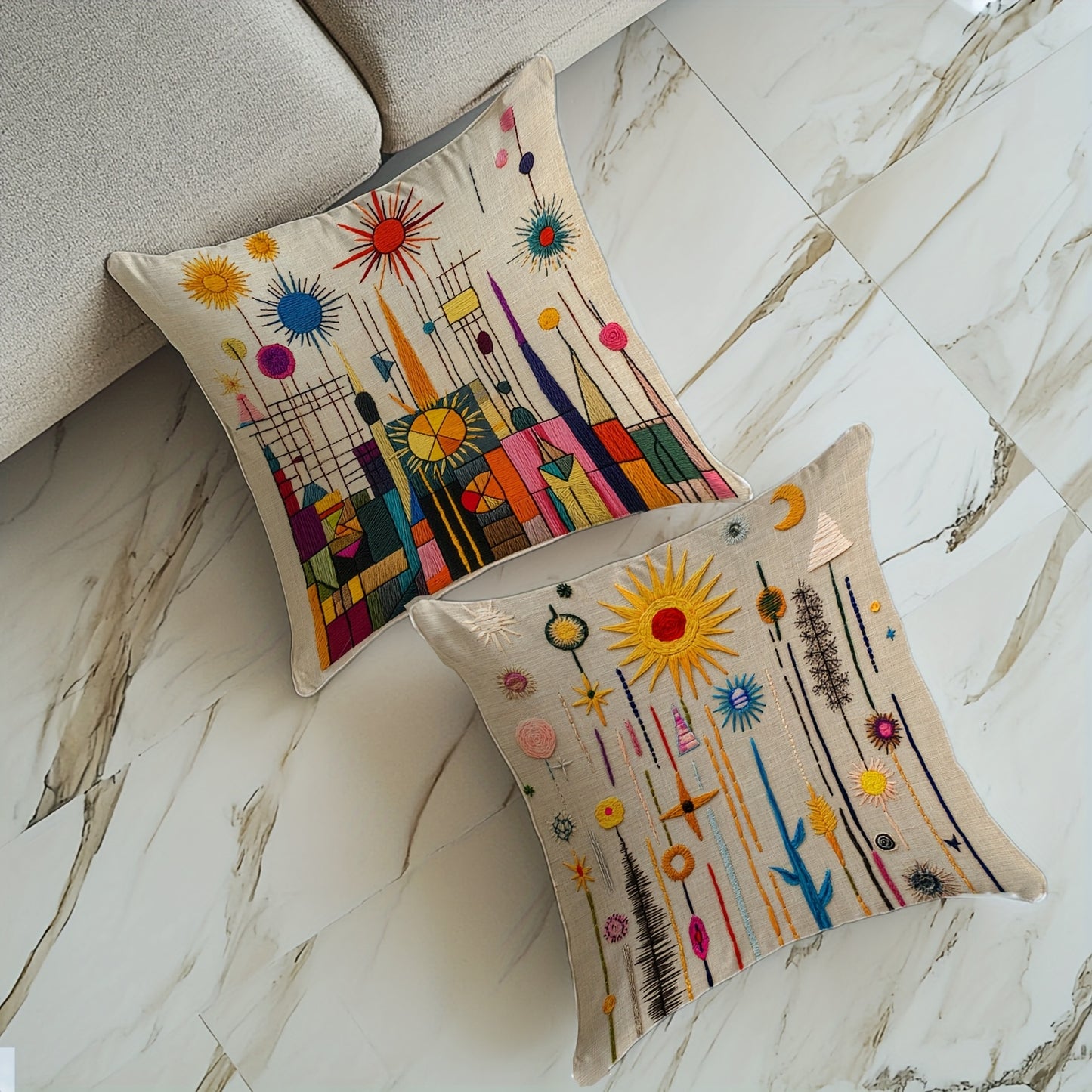 2D printing, 4pcs, abstract pillow set, with beige as the base, presenting elements such as sun and geometric shapes, full of artistic sense, non real embroidery. 45.72 * 45.72 cm, home decoration, suitable for sofas, living