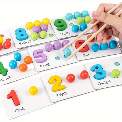 Wooden Number Counting Game for - Educational Preschool Math Learning Toy with Colorful Beads, Matching Cards and Clipping Tweezers for Cognitive Skills Development, Age 3+