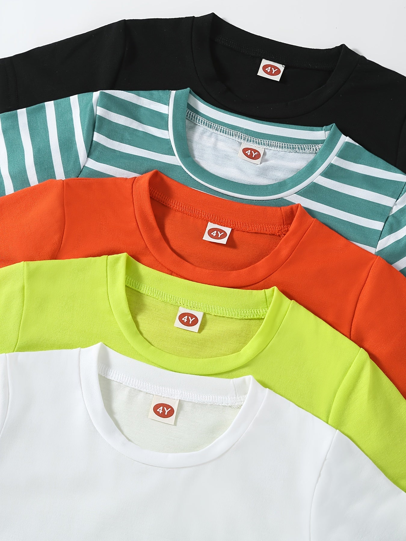 5pcs Solid Color & Striped Round Neck T-shirt Tees Tops Casual Soft Comfortable, Boys And Girls Summer Clothes