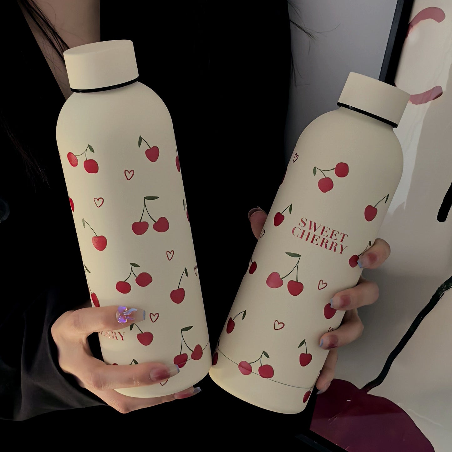 Cherry Heart Series 500ml/17oz Stainless Steel Insulated Tumbler - Double-Wall Vacuum Travel Mug for Hot and Cold Beverages, Ideal for Gym, Outdoor Activities, Coffee, Flat Bottom Car Cup, Perfect for Back to School, Birthday