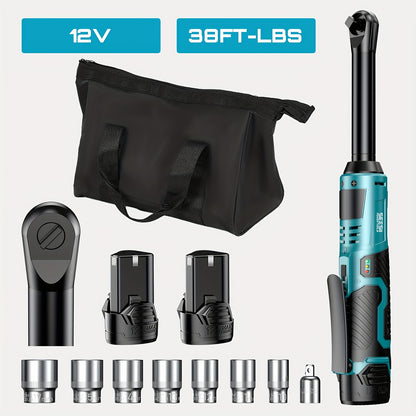 Seesii Cordless Ratchet 3/ 8", 90N.m 200RPM, 200RPM Power Ratchet Wrench 90N.m, 2 x 2.0A Batteries & Charger, Variable Speed Trigger, 8 Sockets, 1/ 4" & 1/ 2" Adapter, 3" Extension Bar