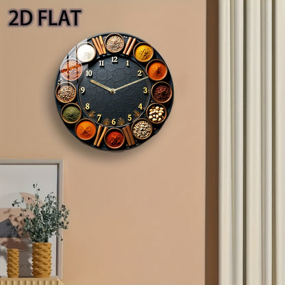 1pc 8-Inch Silent Round Wall Clock with Spice & Herb Design - Acrylic Quartz Movement, Golden Accents, Battery-Powered (AA Not Included) - Kitchen, Bedroom, Living Room, Kitchen Clock, Home Decoration, Decorative Timepiece, H