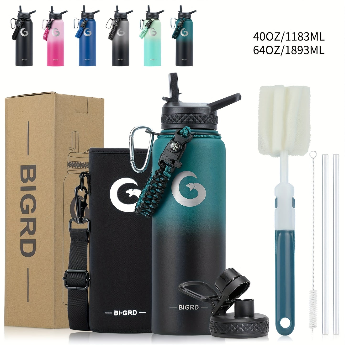 1pc BIGRD 40Oz 64Oz Insulated Water Bottle 304 Stainless Steel Spray Coating Dishwasher Safe, with 2 Lids, Sling Cup Sleeve, Hand-Held Braided Rope, Cup Brush, 2 Straws And Straw Brush, Color Box Packaging
