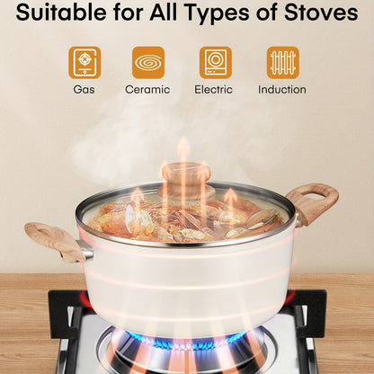 15pcs Ceramic Pots and Pans Set, Non-stick Cookware Sets, Kitchen Induction Cooking Set with Pizza Pan, Food Steamer, Saucepans, Frying Pans (White)