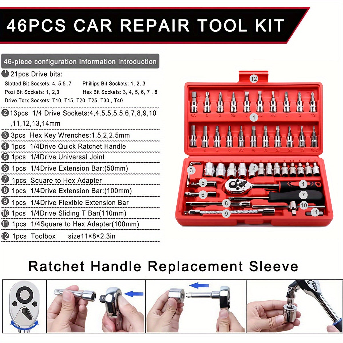 46pcs Car Repair Tool Kit, 1/4 Inch Ratchet Wrench Set with Versatile Bit Socket Set And Extension Bar, Combo Tools Kit, for Car, Motorcycle & Bicycle Repair