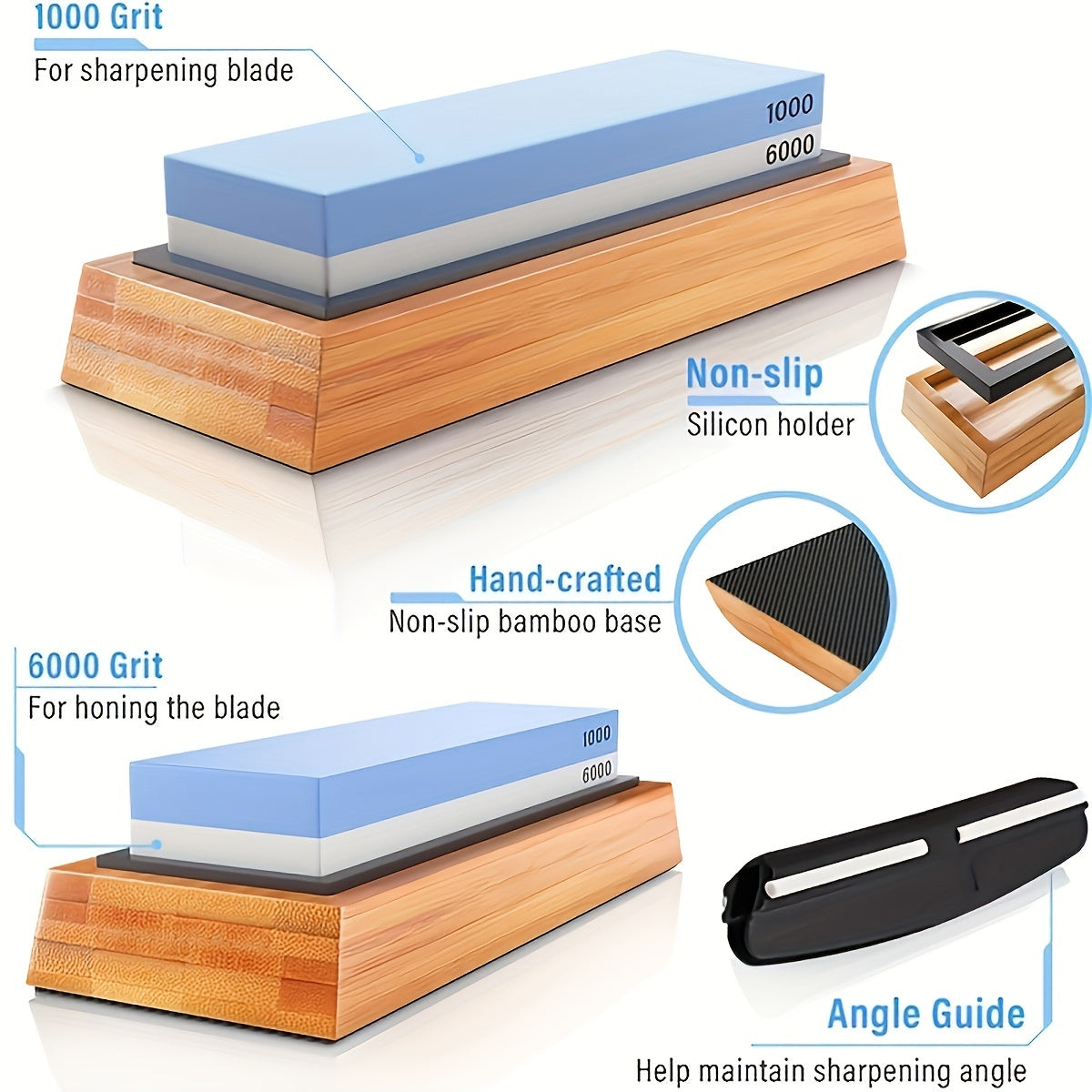 Professional-Grade 1000/6000 Grit -Style Water Stone Knife Sharpener - 2-Sided Whetstone with Non-Slip Bamboo Base & Angle Guide, Coarse/Fine Grinding Knives, Chef, Damascus, Steels - Heavy-Duty Sharpening Stone