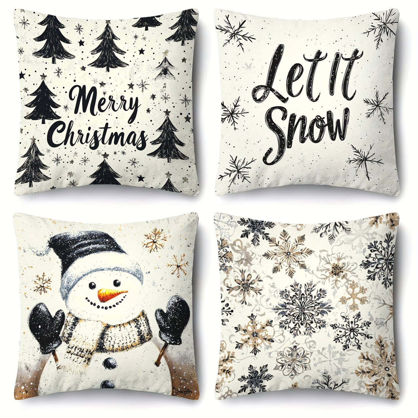 Set of 4 Christmas Throw Pillow Covers - Contemporary Style, 45.72x45.72 cm, Zipper Closure, Machine Washable, Polyester Decorative Pillowcases for Living Room, Holiday Snowman & Tree Design, Woven Fabric, Pillow Insert Not I