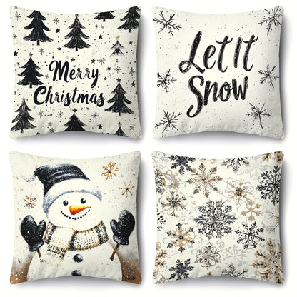 Set of 4 Christmas Throw Pillow Covers - Contemporary Style, 45.72x45.72 cm, Zipper Closure, Machine Washable, Polyester Decorative Pillowcases for Living Room, Holiday Snowman & Tree Design, Woven Fabric, Pillow Insert Not I