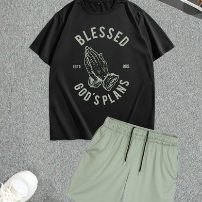 Men's Street Style Summer 2PCS Outfits, Male's Trend TRUST Graphic Short-sleeve Crew Neck T-shirt Drawstring Shorts Set, Casual Clothes For Men
