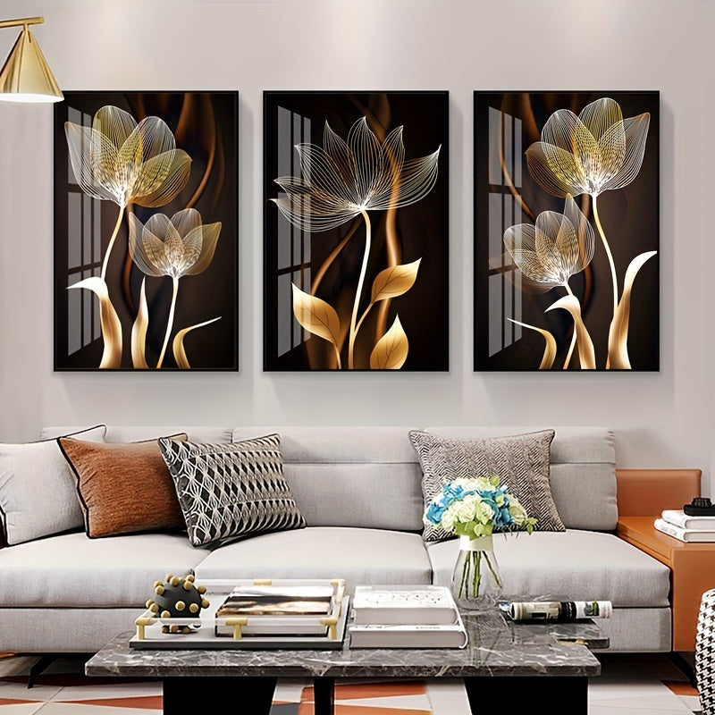 Conjunto de 3 pósteres sem moldura, pintura em tela com flores pretas e douradas para decoração de sala de estar - Design abstrato moderno, 40x60cm