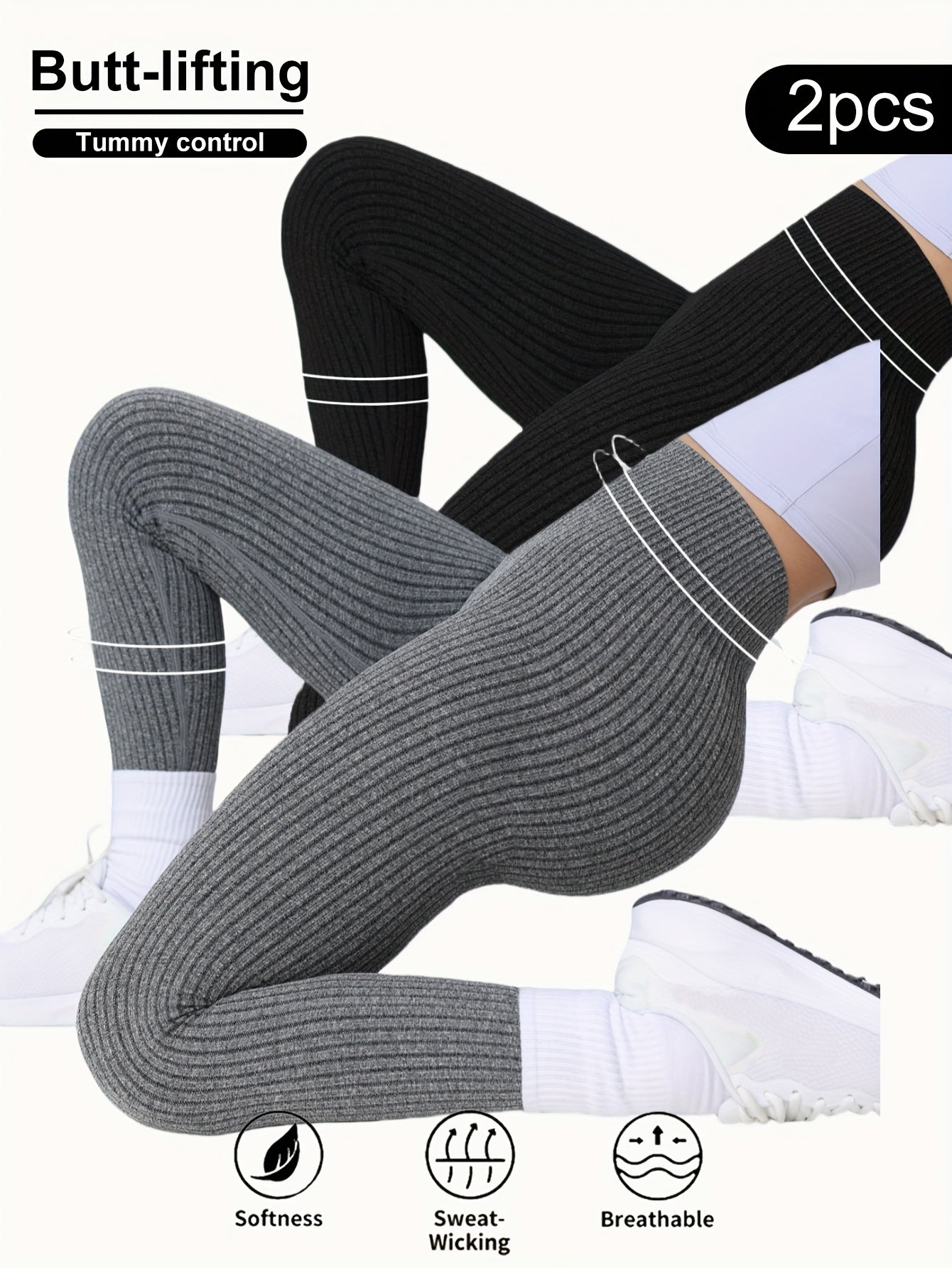 2pcs Women'S High-Waisted Yoga Leggings - Seamless Ribbed Texture, Tummy Control & Butt-Lifting, Breathable & Moisture-Wicking, 7/8 Length for Gym, Outdoor & Casual Wear - All-Season Stretchy Workout Pants, Yoga Pants, Gym Ap