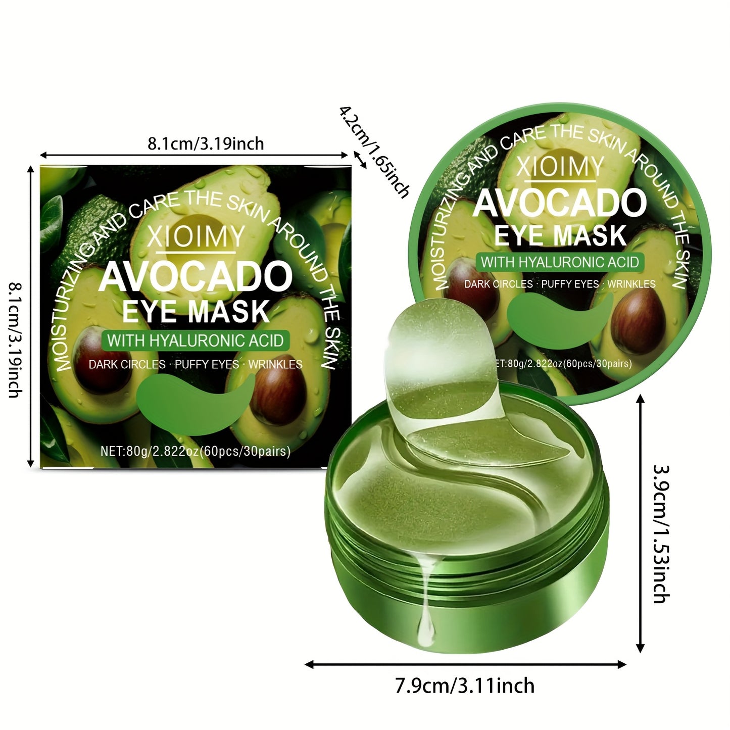 60pcs Avocado & Hyaluronic Acid Eye Masks - Intense Hydration & Brightening, Puffiness Reduction, Dark Circles & Wrinkles, Hypoallergenic for All Light Beige Types, Unisex Skincare, Avocado Eye Mask, Sleek Packaging, Natural