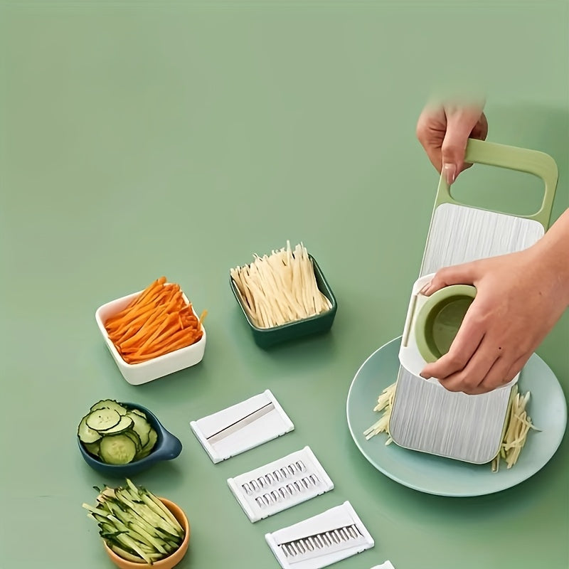 Conjunto de 7 peças de fatiador e ralador multifuncional em aço inoxidável com lâminas intercambiáveis, kit de utensílios de cozinha manual para batata, cenoura e pepino, disponível para todas as estações.