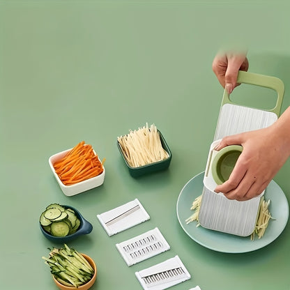 Conjunto de 7 peças de fatiador e ralador multifuncional em aço inoxidável com lâminas intercambiáveis, kit de utensílios de cozinha manual para batata, cenoura e pepino, disponível para todas as estações.