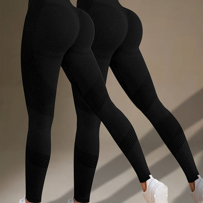 2pcs Solid Color Fitness Yoga Sports Leggings, High Stretch Tummy Control Yoga Leggings, Women's Activewear