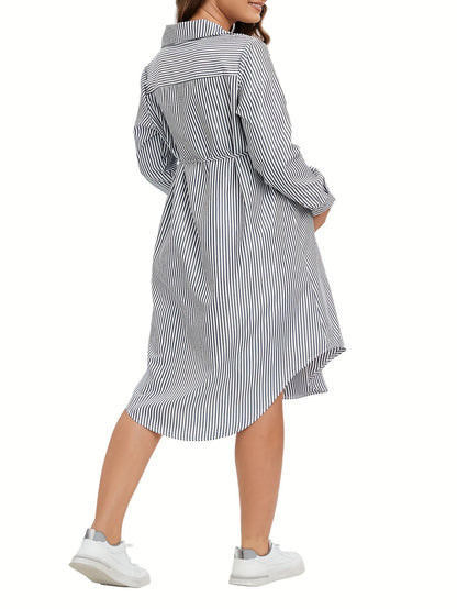 Elegant Striped Maternity Dress with Belt - Long Sleeve, Knee-Length Shirt Style for Women, Machine Washable, Loose, Collar