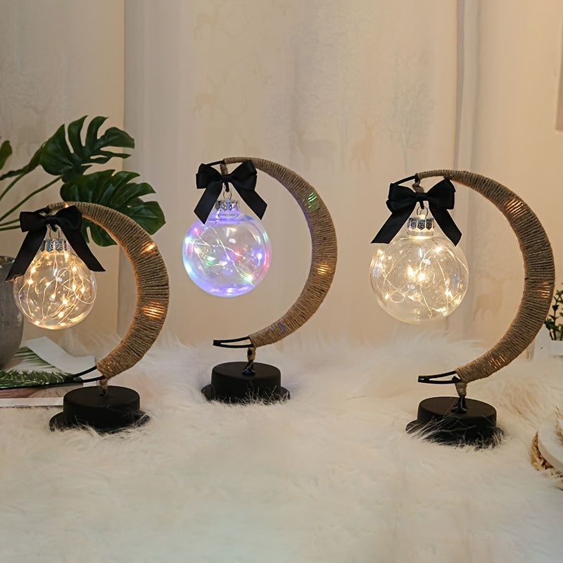 Candeeiro LED em forma de bola, candeeiro de lua em ferro forjado, candeeiro de mesa decorativo em plástico e ferro, candeeiro decorativo para quarto (pilhas não incluídas), decoração de Halloween e Natal para hotéis/restaurantes/eventos.