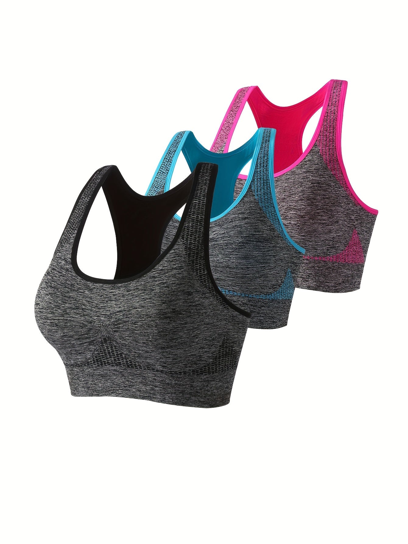 3pcs Contrast Binding Quick Drying Sports Bra, Racerback Shockproof Running Fitness Crop Tank Top, Women's Activewear