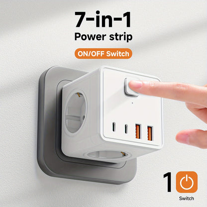 Régua de tomadas de parede 7 em 1, padrão europeu, com 3 tomadas AC, 2 portas USB, 2 portas Type-C e 1 interruptor. Ideal para casa, escritório, viagens e utilização com computador. Disponível nas cores branco e preto.