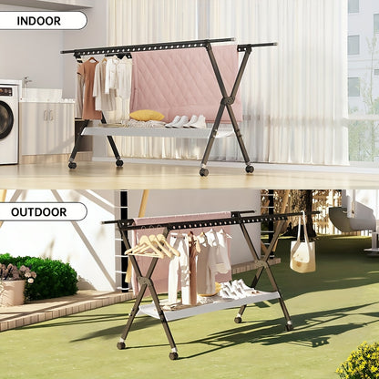 90-Inch Heavy Duty Stainless Steel Clothes Drying Rack with Windproof Hooks, Adjustable Length & 2-Tier Space-Saving Design - Freestanding Telescopic Laundry Rack for Indoor/Outdoor Use, Foldable with Sturdy Base & Top Shelf,