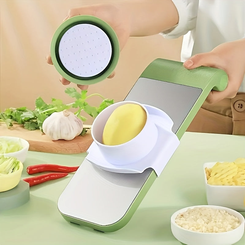 Conjunto de 7 peças de fatiador e ralador multifuncional em aço inoxidável com lâminas intercambiáveis, kit de utensílios de cozinha manual para batata, cenoura e pepino, disponível para todas as estações.