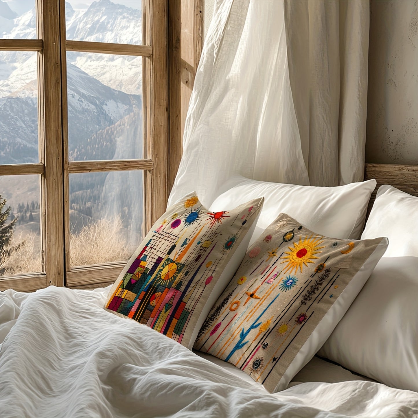 2D printing, 4pcs, abstract pillow set, with beige as the base, presenting elements such as sun and geometric shapes, full of artistic sense, non real embroidery. 45.72 * 45.72 cm, home decoration, suitable for sofas, living