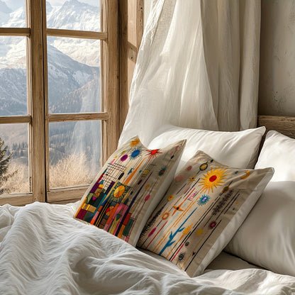 2D printing, 4pcs, abstract pillow set, with beige as the base, presenting elements such as sun and geometric shapes, full of artistic sense, non real embroidery. 45.72 * 45.72 cm, home decoration, suitable for sofas, living