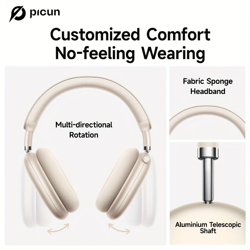 PICUN Wireless Headphones with Dynamic Head Tracking, -52dB ANC Noise Cancellation, 140Hrs Battery Life, Wireless 5.4, Wired/Wireless Switch, Double Connection & Multi-Mode Audio, Closed-back Design, Plastic Material, Compati