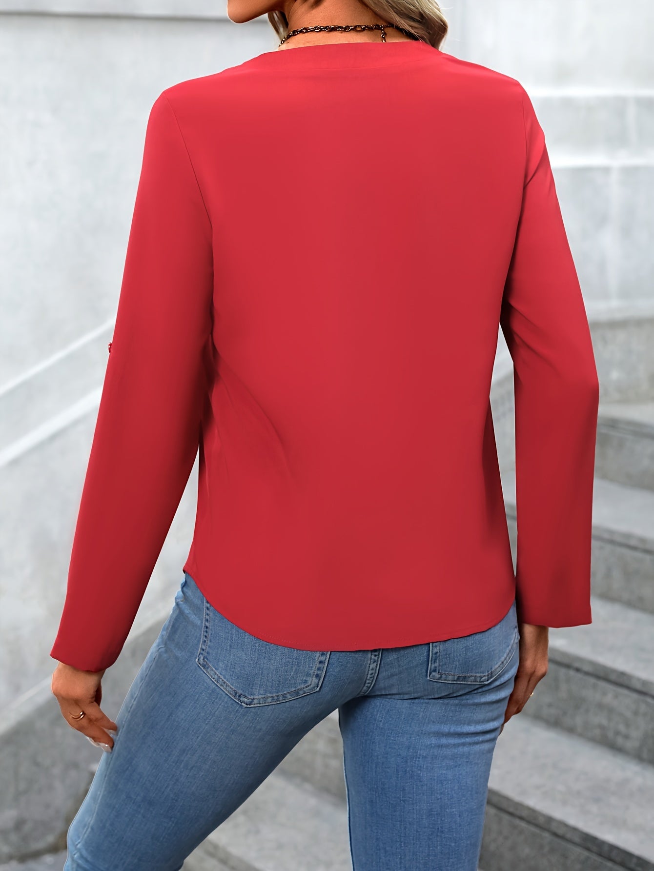 Solid Color V Neck Blouse, Casual Long Sleeve Blouse For Spring & Fall, Women's Clothing