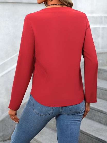 Solid Color V Neck Blouse, Casual Long Sleeve Blouse For Spring & Fall, Women's Clothing