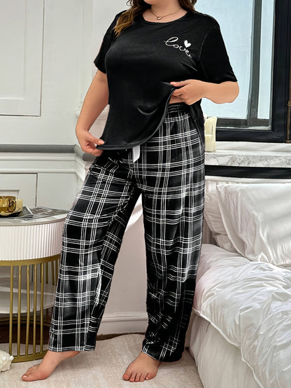Women's Plus Size 2pcs Pajama Set - Oversized Round Neck Short-Sleeve Nightgown & Plaid Pants with Heart Print, Soft Polyester Blend All-Season Sleepwear, Machine Washable Cozy Lounge Set in Black/White (Casual Elegant Pajama