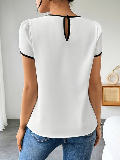 Contrast Trim Pleated Elegant Blouse, Crew Neck Short Sleeve Back Keyhole Blouse For Spring & Summer, Women's Clothing