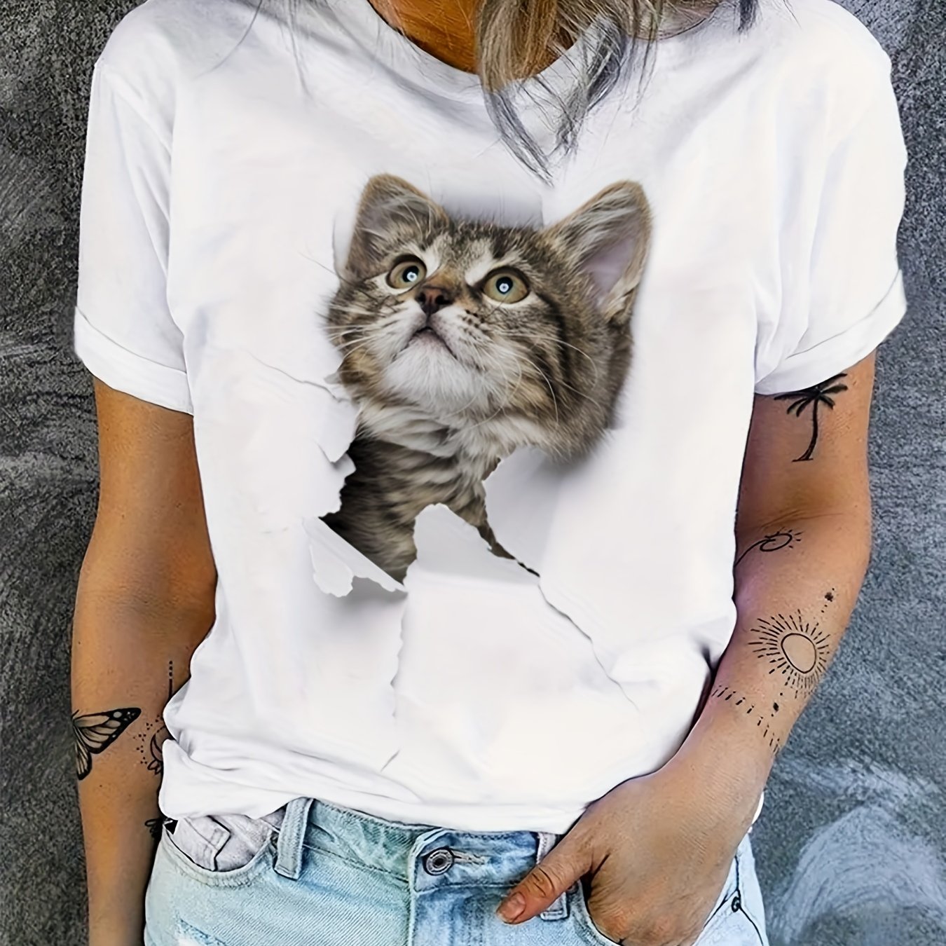 Cute Cat Print T-Shirt, Crew Neck Short Sleeve T-Shirt, Casual Every Day Tops, Women's Clothing